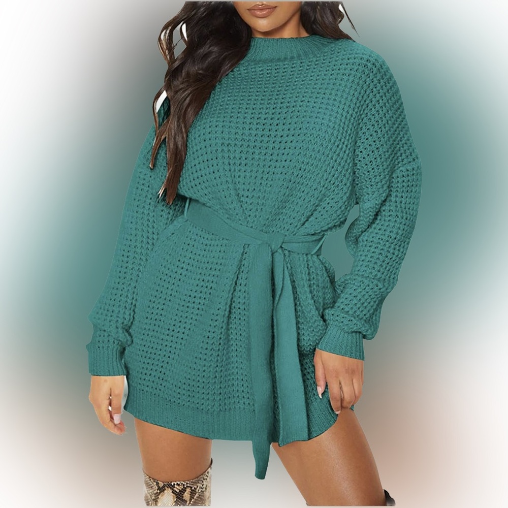 Zesica Amazon Find NWT❗️Peacock Green Crewneck Tie Waist Sweater Dress
